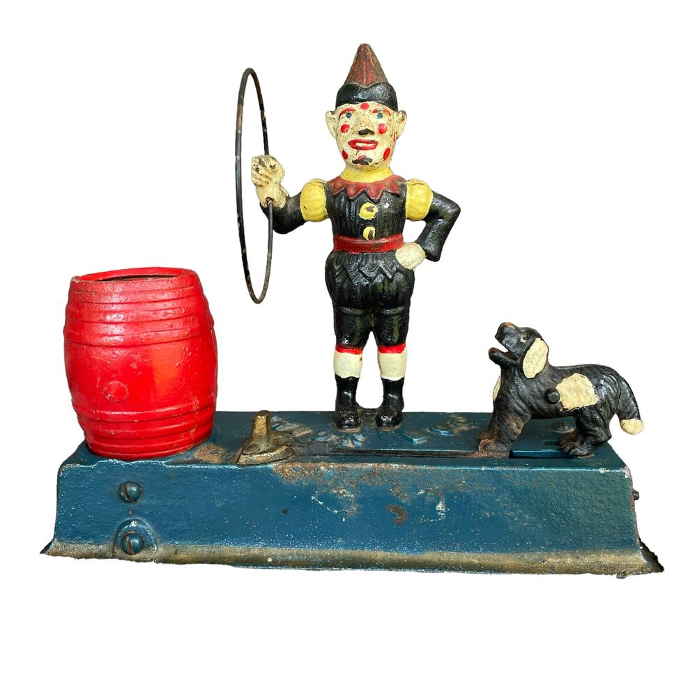 Vintage Cast Iron Trick Dog Coin Bank Dog Jumps Through Hoop Mechanical Replica